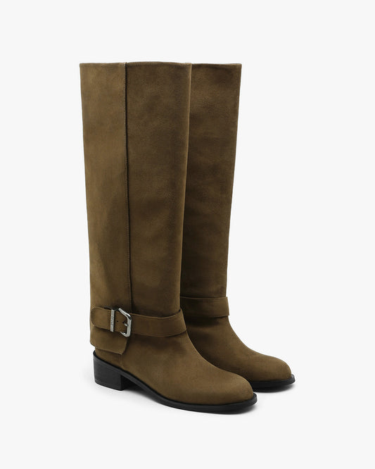 BELO Suede Buckle Long Boots_Beige