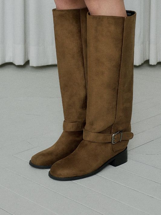 BELO Suede Buckle Long Boots_Beige