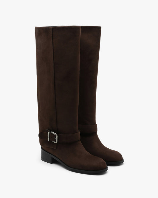 BELO Suede Buckle Long Boots_Brown